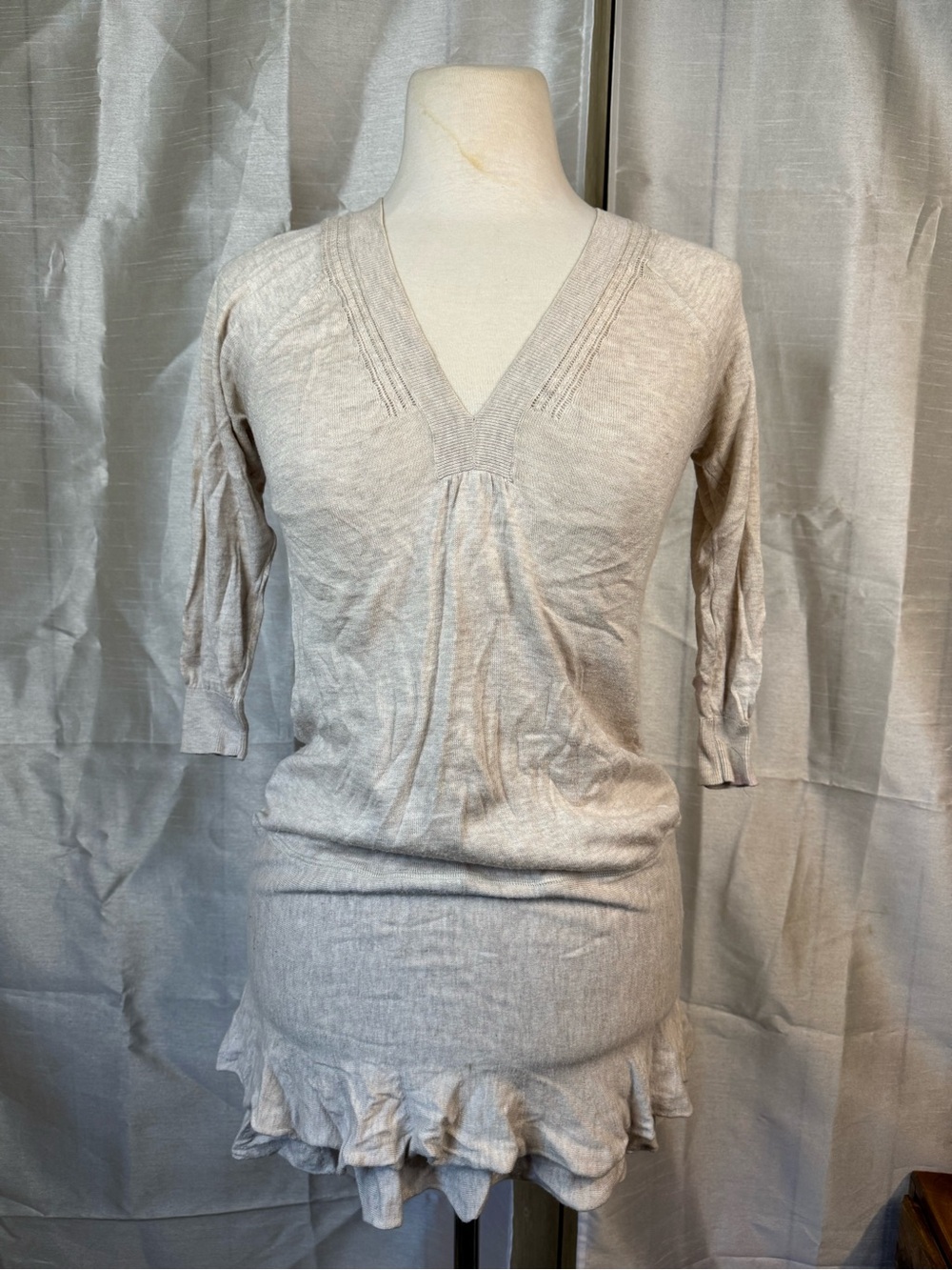 Free People Neutral Beige Open-Knit V-Neck Sweater